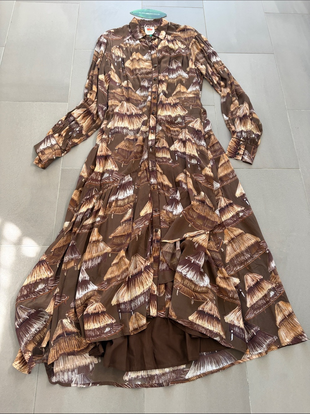 FARM Rio Malocas Brown & Tan Botanical-Print Long-Sleeve Maxi Dress nwot - Picture 6 of 17